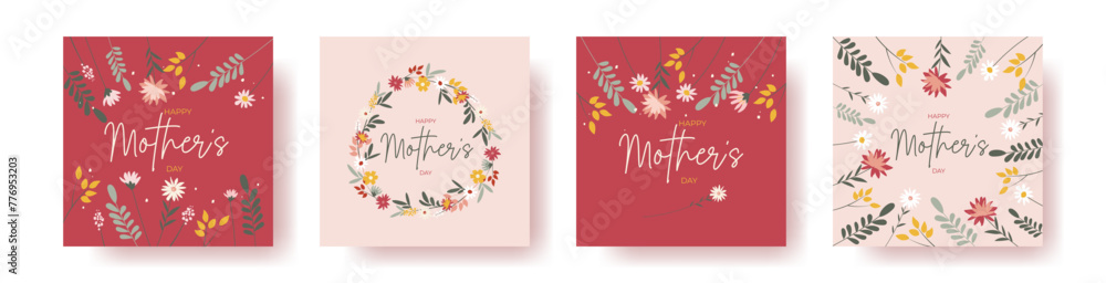 Set of 4 square greeting cards for Mother's Day designs, cute flowers and handwriting, great for cards, invitations, gifts, banners vector design. Set of 4 square greeting cards for Mother's Day designs, cute flowers and handwriting, great for cards, invitations, gifts, banners vector design.