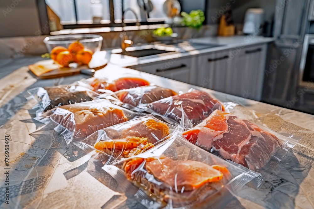 Aged to Perfection: Various Types of Aged Meats in Vacuum Packs Basking in Light on a Modern Kitchen Counter, Highlighting the Sophistication of Aging Techniques and High-Quality Ingredients