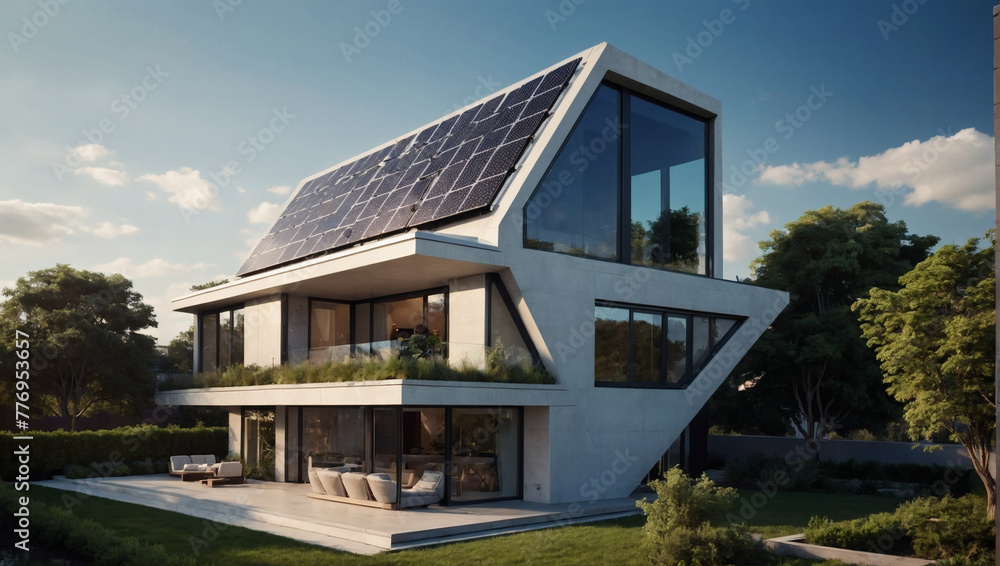Futuristic urban dwelling with sleek solar panels integrated into its angular design, boasting a rooftop garden and smart home technology.