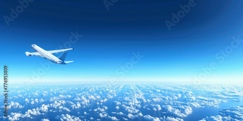 A white airplane is flying through a blue sky with clouds. The sky is clear and the clouds are scattered throughout. Scene is peaceful and serene, as the airplane soars through the sky with ease