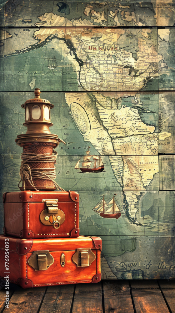 A map of the United States is on a wall with a lighthouse and two suitcases. The map is old and the lighthouse is a vintage piece. The suitcases are wooden and appear to be antique