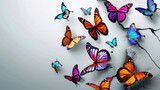 A colorful butterfly with a variety of colors flying in the air. Concept of freedom and joy, creating a dynamic scene. olorful butterflies are flying through the crack in a wall on a white background,