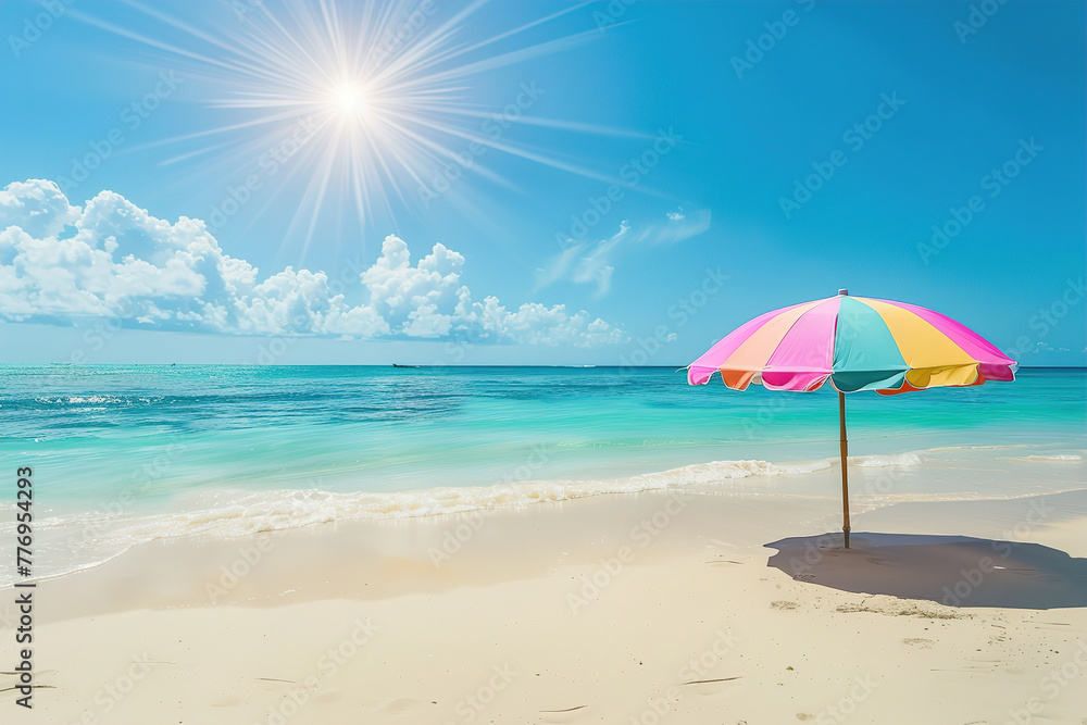 Sunny beach with umbrella and sparkling water
