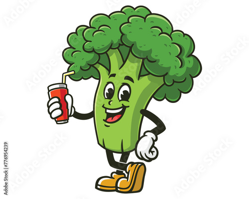 Broccoli holding soft drink cartoon mascot illustration character vector clip art hand drawn