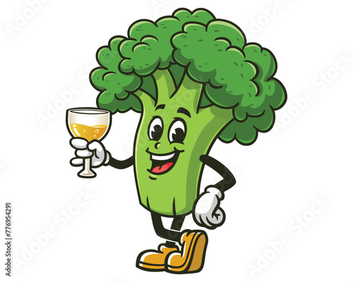 Broccoli holding a glass of drink cartoon mascot illustration character vector clip art hand drawn