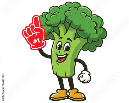 Broccoli with foam finger cartoon mascot illustration character vector clip art hand drawn