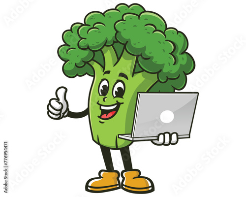 Broccoli holding laptop cartoon mascot illustration character vector clip art hand drawn