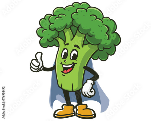 Broccoli with caped superhero style cartoon mascot illustration character vector clip art hand drawn