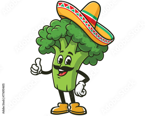 Broccoli wearing sombrero cartoon mascot illustration character vector clip art hand drawn
