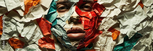 A person with multiple torn up pieces of paper covering their face and head, creating a chaotic and messy appearance
