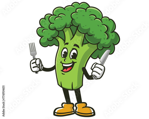 Broccoli holding fork and knife cartoon mascot illustration character vector clip art hand drawn