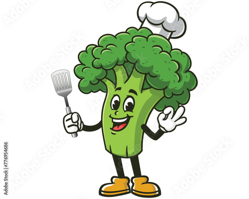Broccoli wearing a chef's hat and holding a spatula cartoon mascot illustration character vector clip art hand drawn