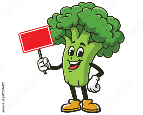 Broccoli holding blank sign board cartoon mascot illustration character vector clip art hand drawn