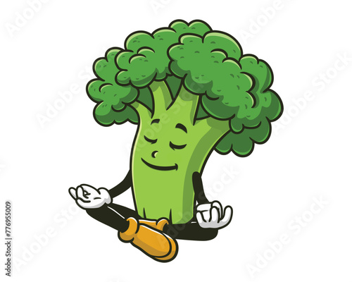 Broccoli is meditating cartoon mascot illustration character vector clip art hand drawn