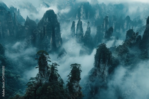 Towering peaks and misty ambiance.
