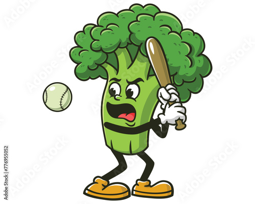Broccoli playing baseball cartoon mascot illustration character vector clip art hand drawn