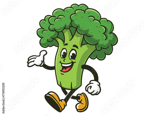 Broccoli is walking leisurely cartoon mascot illustration character vector clip art hand drawn