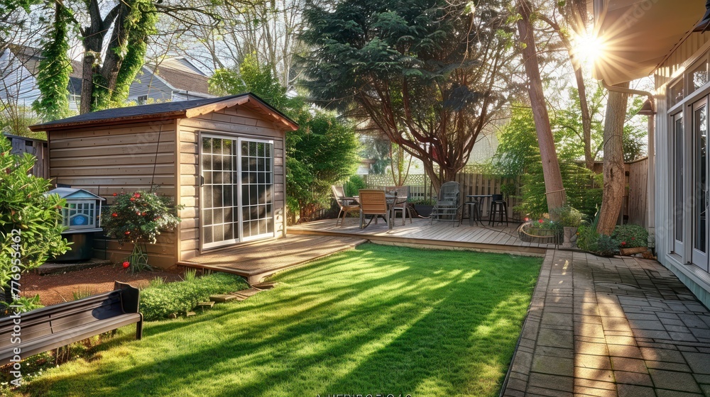 A Lush Backyard Oasis Featuring a Cozy Shed and Inviting Walkout Deck