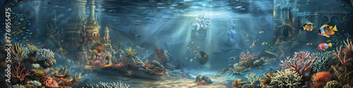 A vibrant underwater scene with marine animals, corals, and remnants of a sunken civilization illuminated by sunbeams