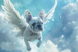 In a world where dreams merge with reality, a baby bulldog with pure white wings explores the Earth, amidst a dramatically illustrated backdrop.