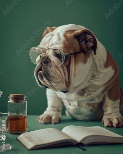 In a secret lab, a scientist sorrowfully experiments on a baby bulldog, its eyes moist with confusion. The green background underscores the painful logic of progress. © Thor.PJ
