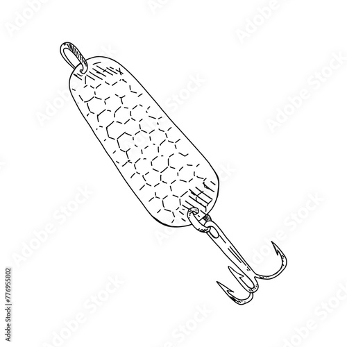 Fishing hook minnow vector illustration tackle. Metal fly gudgeon spinner lure feeding. Bait line drawing. Ink silhouette. Spoon angler tool black outline 