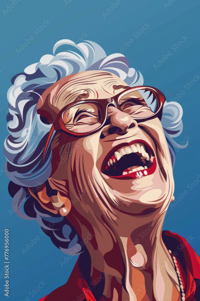 An older woman depicted in a painting, joyfully laughing. Her face is animated and expressive, capturing a moment of genuine happiness