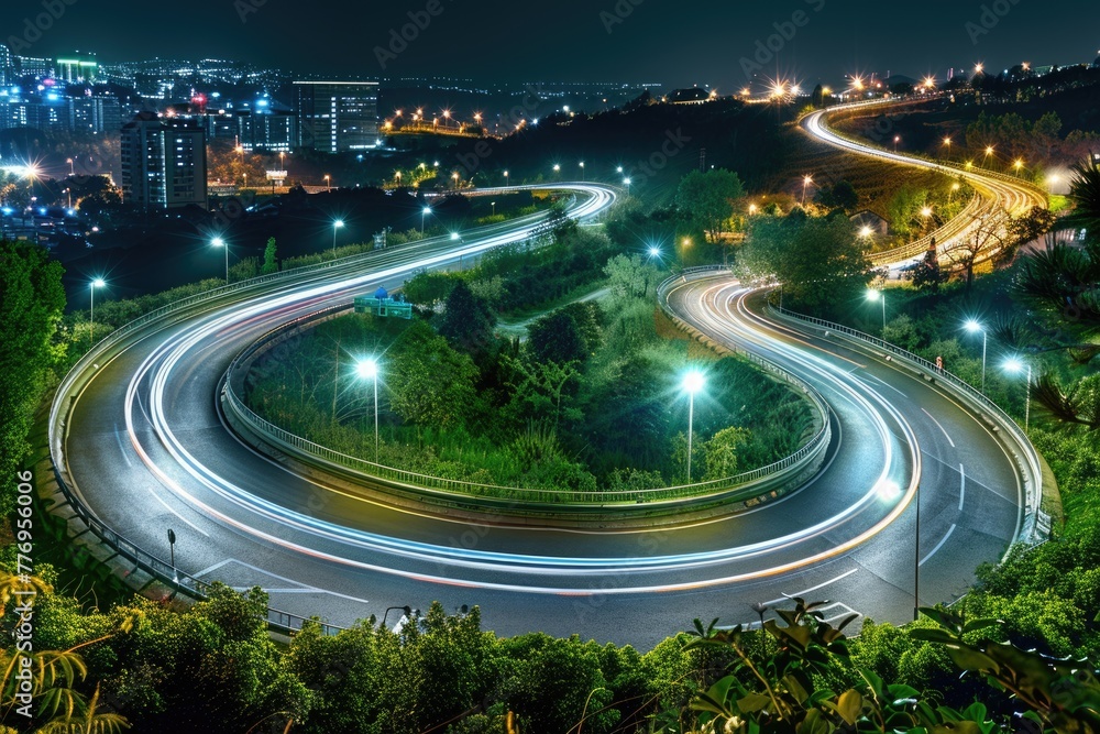 Panoramic Cars light trails at night in a curve asphalt road at night long exposure image Panoramic Cars light trails at night in a curve asphalt road at night long exposure image