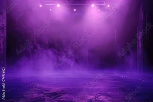 Dark stage with purple background neon lights spotlights studio room.