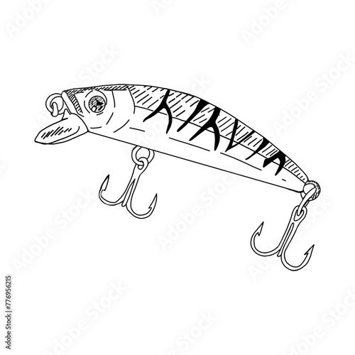 Fish hook minnow vector illustration tackle. Fly gudgeon spinner lure feeding. Bait line drawing. Ink silhouette Black outline graphic. Fishing spoon angler tool black outline 
