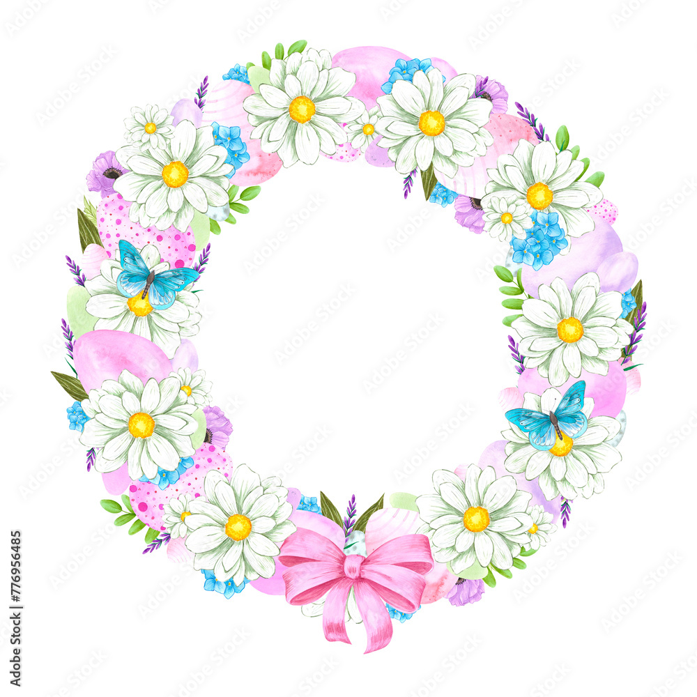 Hand drawn watercolor easter wreath with eggs and flowers isolated on white background. Can be used for cards, label and other printed products.