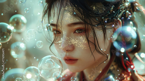 A beautiful girl with pale skin, wearing an ancient style dress and veil on her head is blowing bubbles in the air