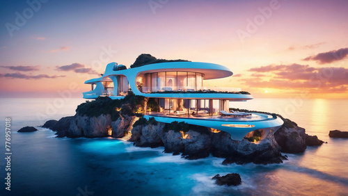 Luxurious futuristic Cliffside Villa with Overlooking Serene Infinity Ocean at sunset.