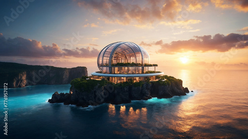 Luxurious futuristic Cliffside Villa on the island Overlooking Serene Infinity Ocean at sunset.