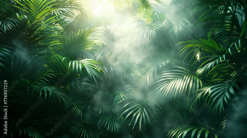 palm leaves, sun, and mist, in the style of inky shadows, dark white and dark green, soft edges and blurred details, dreamlike