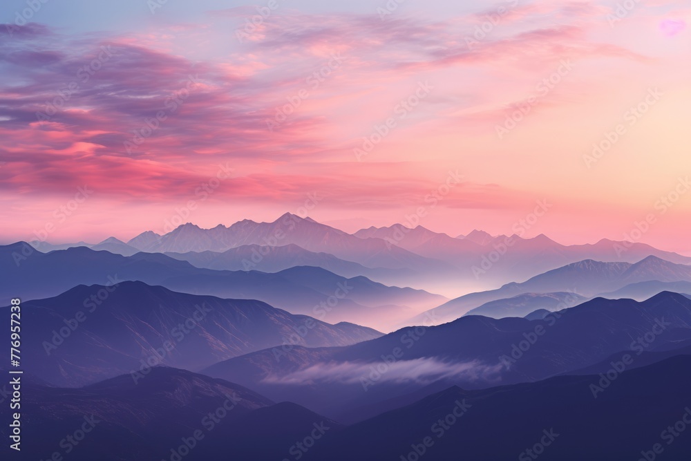Mountain range at sunset background, A serene mountain range at sunset with hues of pink, illustration of a mountain range silhouetted against a breathtaking sunset sky, Ai generated