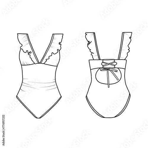 One-piece swimsuit ruffles lace-up with a strap at the back, swimwear fashion flat technical drawing template. Front and back view,