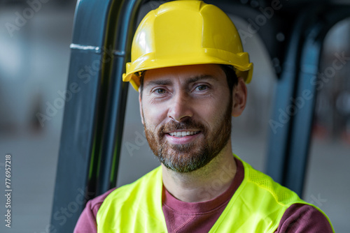 Closeup portrait of bearded, happy man, architect, wearing hard hat, looking at camera