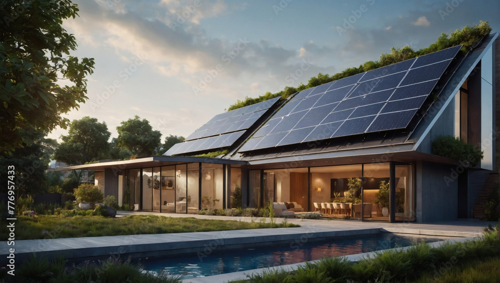 Futuristic urban dwelling with sleek solar panels integrated into its angular design, boasting a rooftop garden and smart home technology. Futuristic urban dwelling with sleek solar panels integrated into its angular design, boasting a rooftop garden and smart home technology.