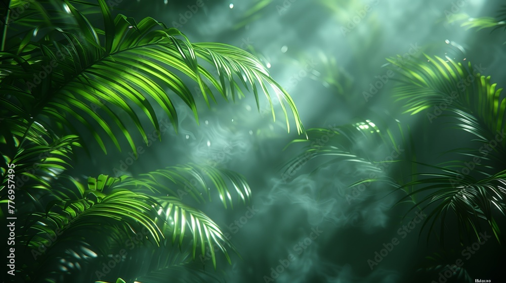 palm leaves, sun, and mist, in the style of inky shadows, dark white and dark green, soft edges and blurred details, dreamlike