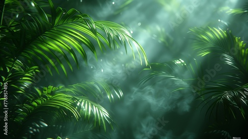 palm leaves  sun  and mist  in the style of inky shadows  dark white and dark green  soft edges and blurred details  dreamlike