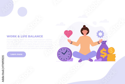 Work life balance, Businesswoman Meditation concept. Flat Vector illustrations set for banner, website, landing page, flyer.
