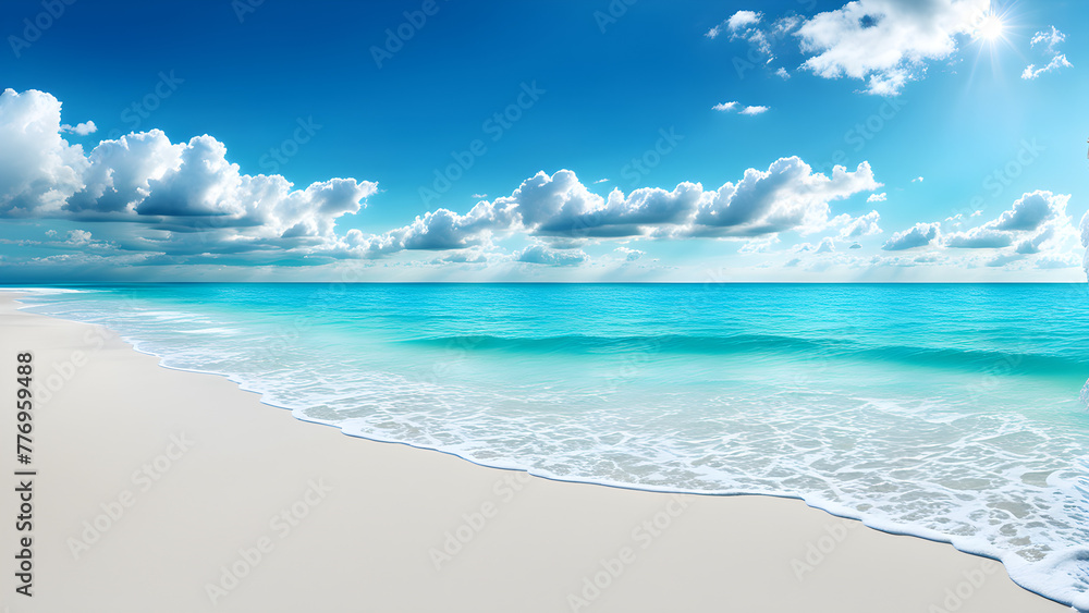 The beach scenery under the blue sky and white clouds, with blue oceans and yellow beaches The beach scenery under the blue sky and white clouds, with blue oceans and yellow beaches