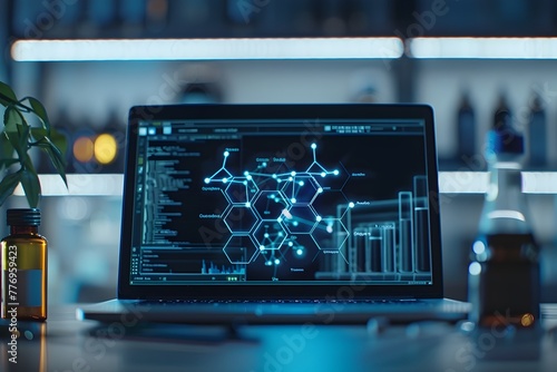 Revolutionary Medication's Molecular Structure Visualized on a Laptop in a Scientific Lab © kiatipol