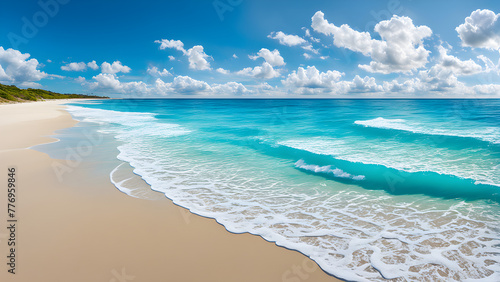 The beach scenery under the blue sky and white clouds  with blue oceans and yellow beaches