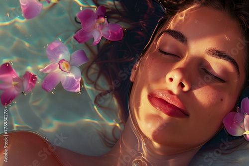 Close-up of a relaxed woman's face in water with orchids. Brunette unwinding in a luxurious spa resort