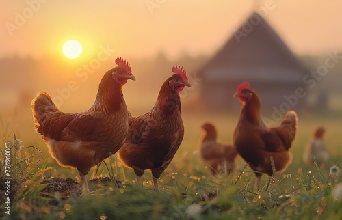 chickens on the grass on a farm.