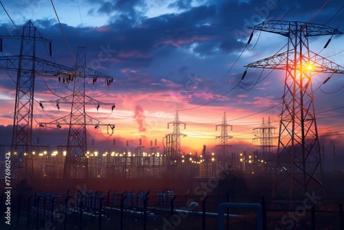 Stunning power grid sunset landscape