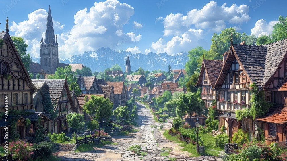 Medieval Village: Capture quaint medieval village streets, timber-framed houses, and cobblestone pathways to depict rural life