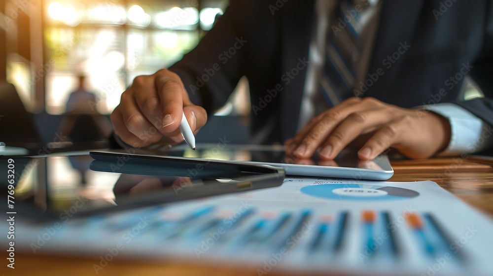 Close up businessman hand using tablet and pointing on summary report at office. Male businessman reviews a summary report on tablet. Close up businessman hand using tablet and pointing on summary report at office. Male businessman reviews a summary report on tablet.